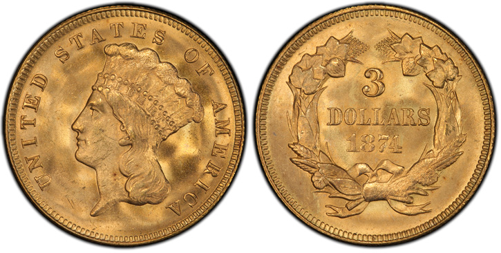 1874 Three-Dollar Gold Piece. MS-66 (PCGS).